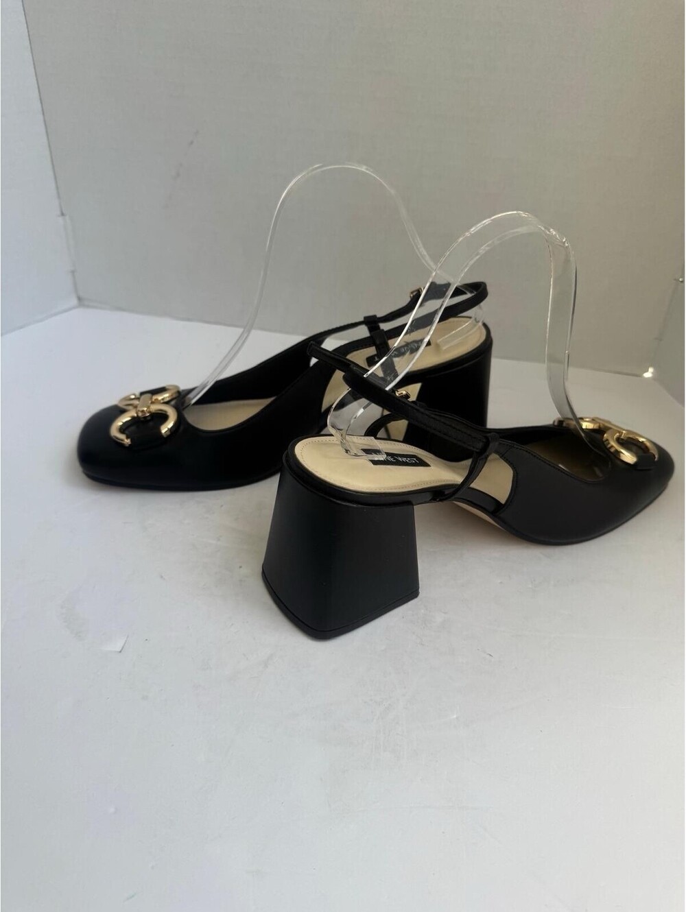 Nine West Cast Leather Block Heel Slingback Pump – Black – Square Toe Design - Picture 6 of 14
